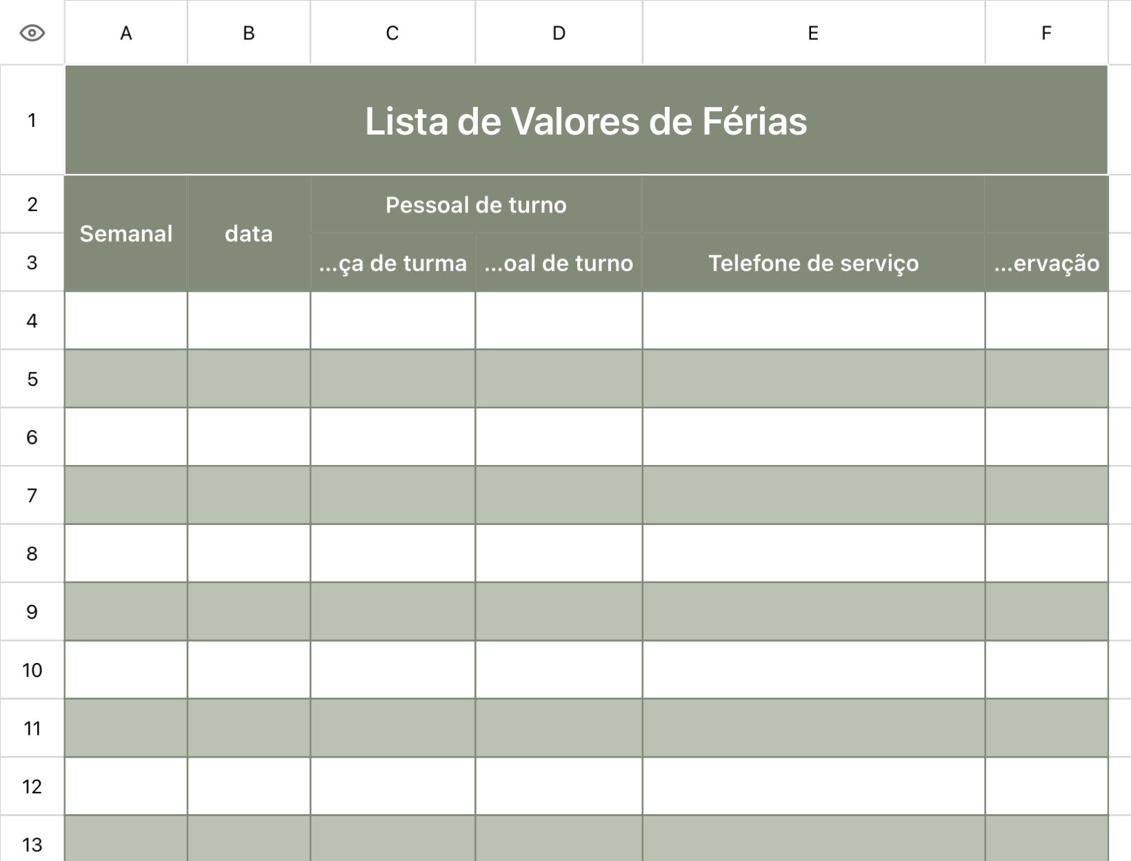 Lista de Valores de Férias